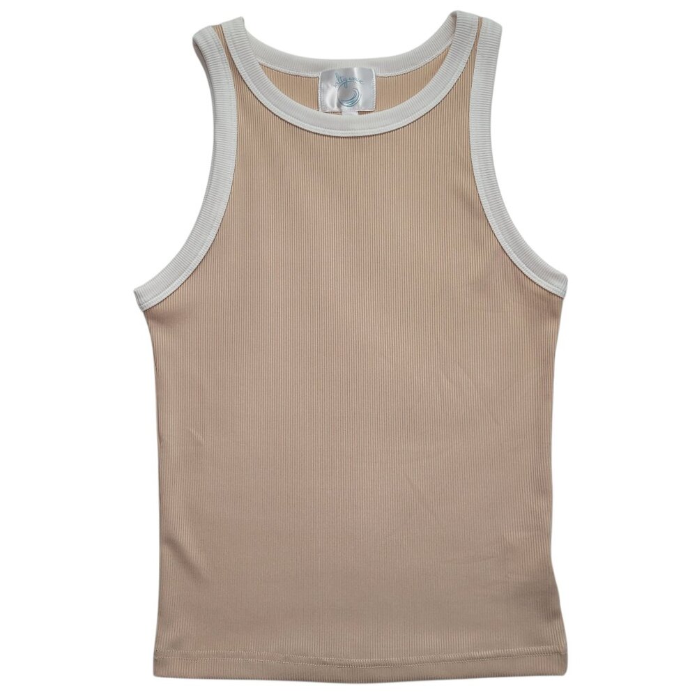 Salty Wave Ribbed Ringer Tank Top Beige Tan High Neck Racerback Small Coastal